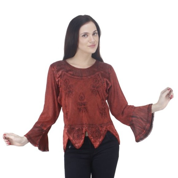 AUGLLE Tops - RED VICTORIAN FLOUNCING TRUMPET STYLE TUNIC TOP